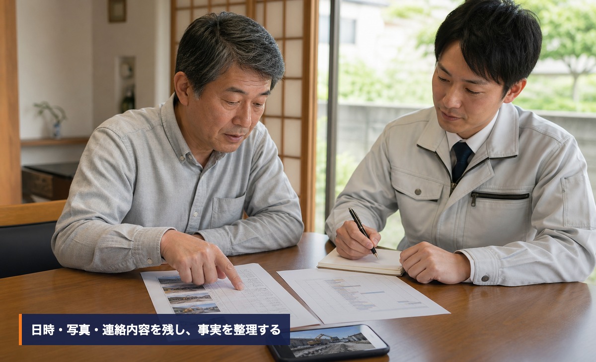 近隣からの申し出を受けて工事記録と写真を確認する様子