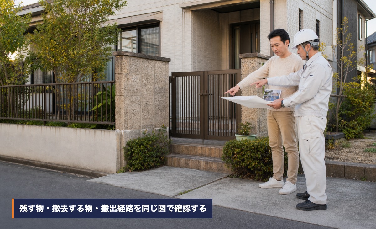 住宅所有者と担当者が門柱やフェンスを見ながら撤去範囲を確認する様子
