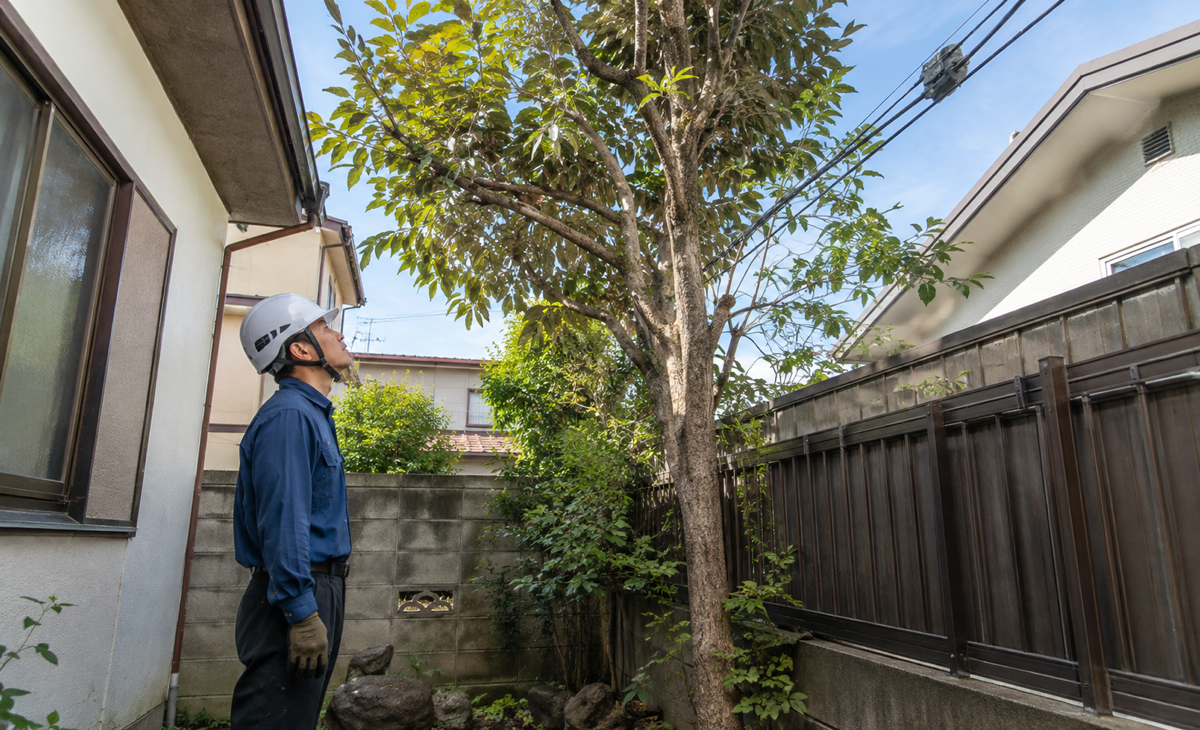 住宅と電線に近い庭木を地上から確認する伐採作業員