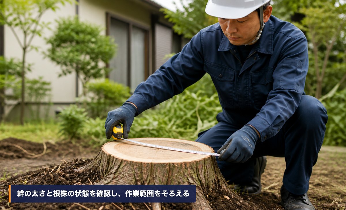 作業員が庭木の切り株にメジャーを当てて幹の太さを確認する様子
