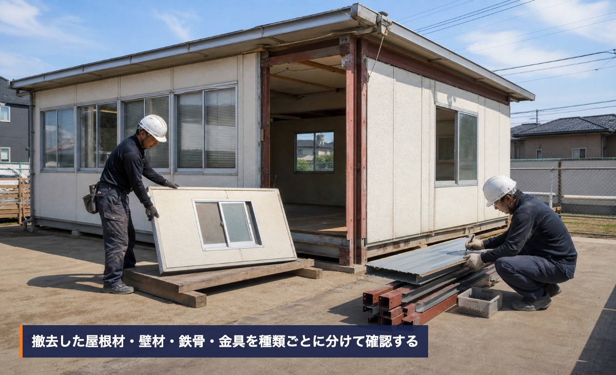 プレハブ解体現場で屋根材と外壁材を種類別に整理する作業イメージ