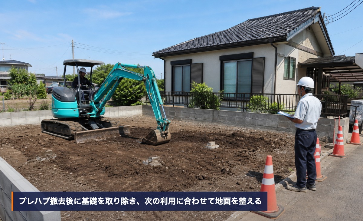 プレハブ撤去後に基礎を取り除き跡地を整地する作業イメージ