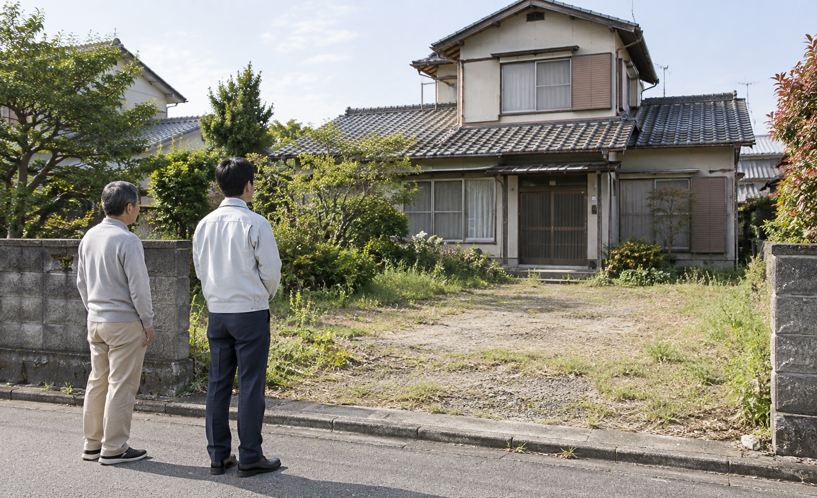 古家付き土地を残すか解体するかを敷地前で確認する所有者と担当者