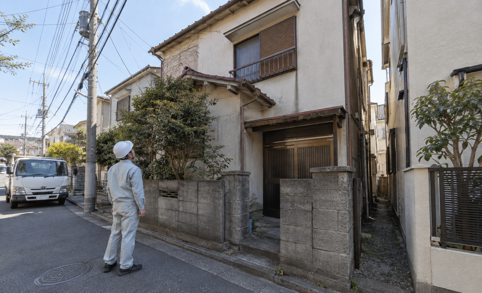 古家と隣家の距離、前面道路の搬入条件を確認する担当者