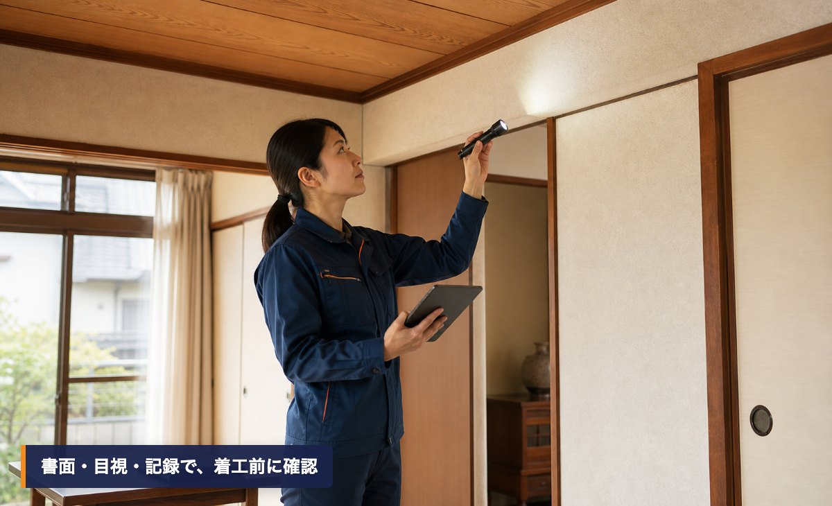 住宅室内で壁と天井の建材をライトと端末で確認するアスベスト事前調査のイメージ