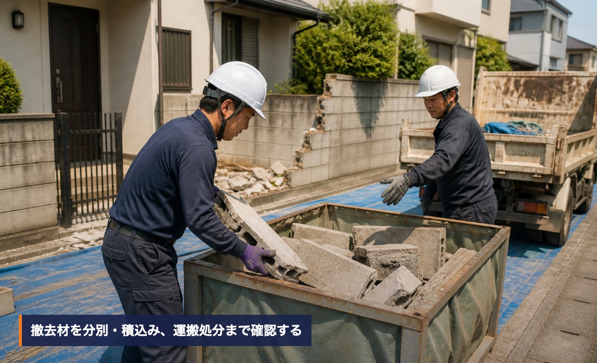 撤去したブロック片を分別してコンテナへ積み込み、運搬処分の準備をする作業の様子