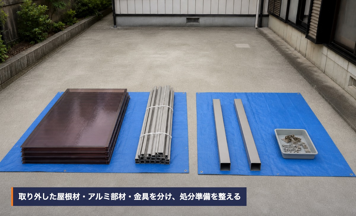 取り外したカーポートのポリカーボネート屋根材、アルミ部材、支柱、金具を地上で分別した様子