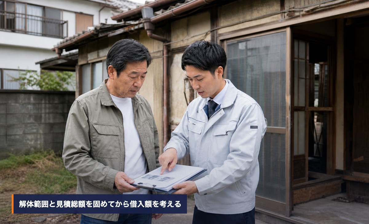 解体工事の見積書を相談者と担当者が同じ向きで確認する様子