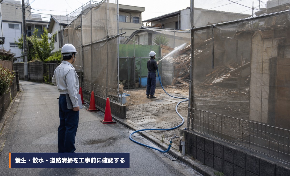 解体工事の騒音と粉じん対策として養生と散水を確認する様子