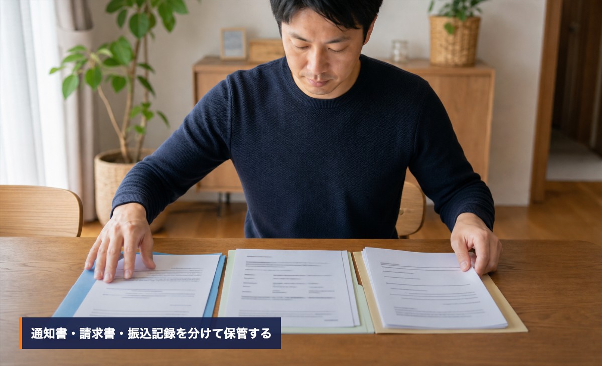 交付決定通知と解体工事の請求書を分類する手元