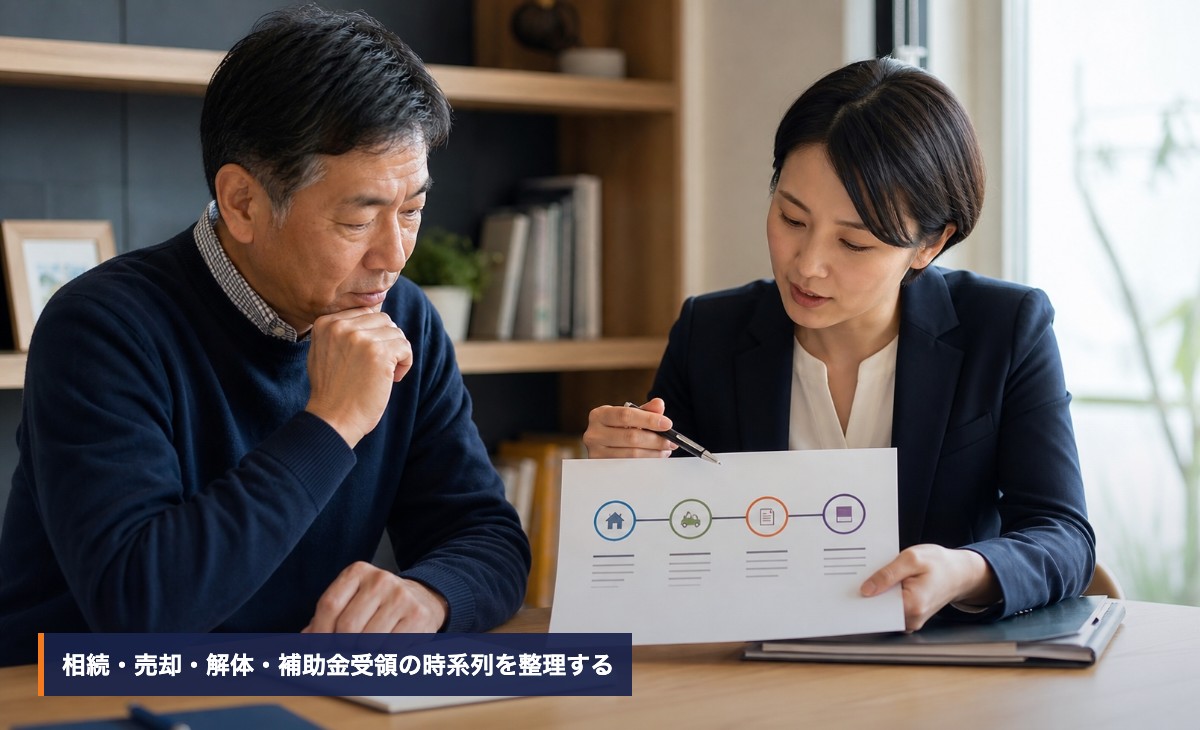 土地売却の予定と解体関係書類を時系列で確認する様子