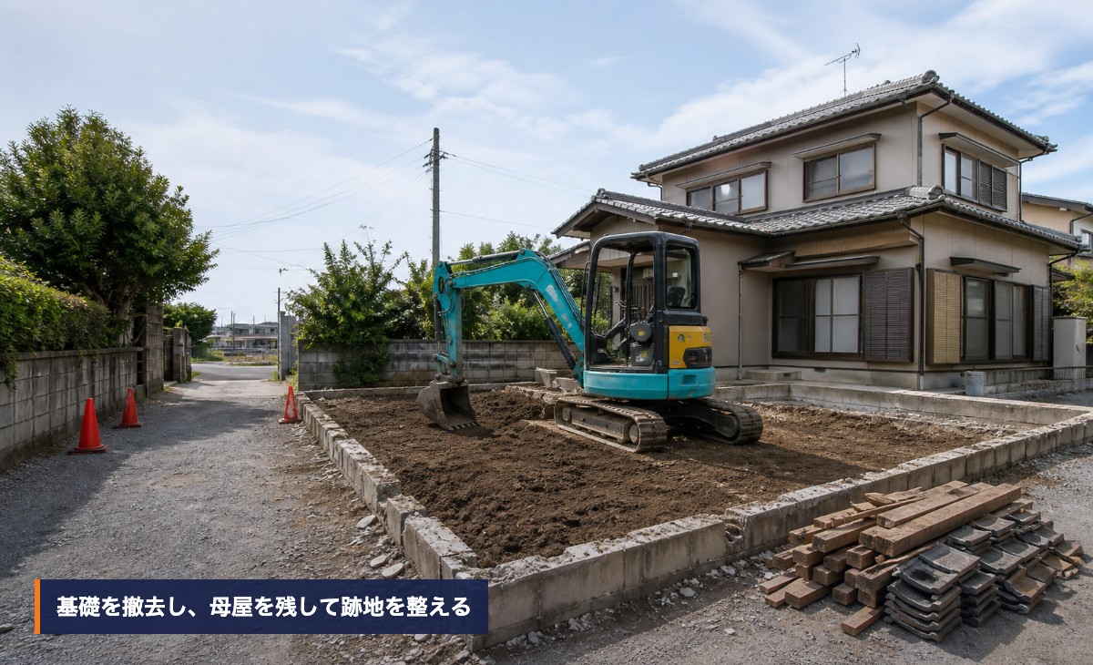 母屋を残して離れの基礎を撤去し、跡地を整地する様子