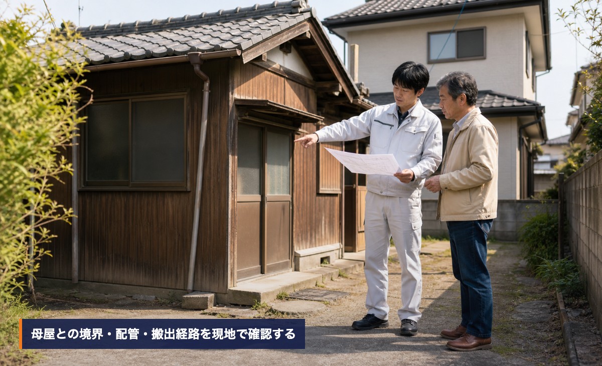 所有者と担当者が図面を見ながら離れと母屋の境界や搬出経路を確認する様子