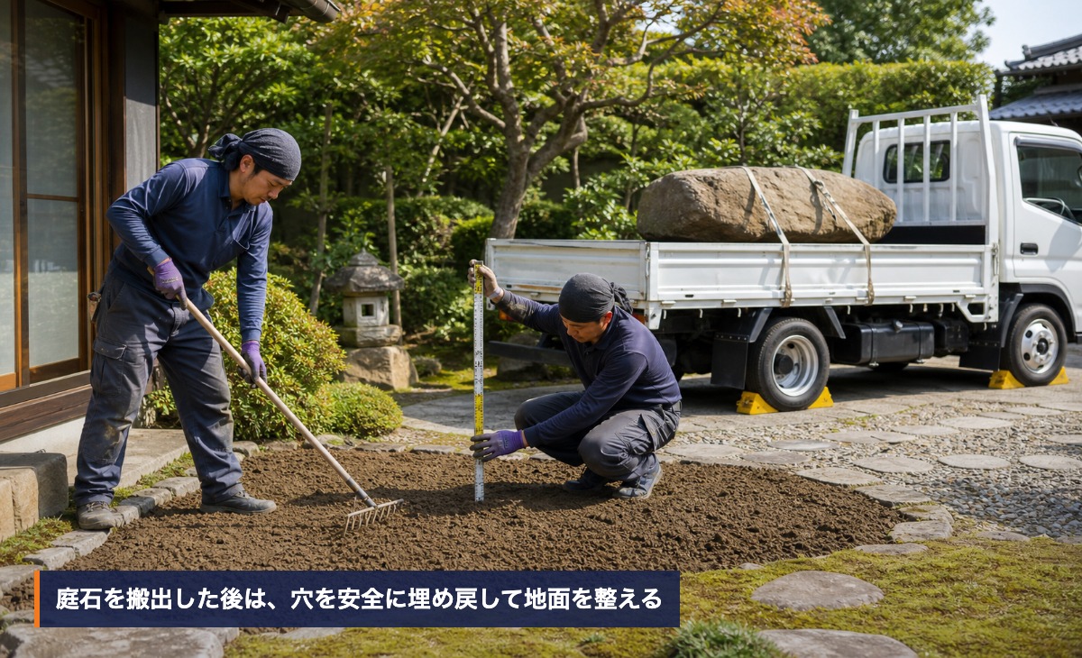 撤去した庭石や土を分別してトラックへ積み込む作業イメージ