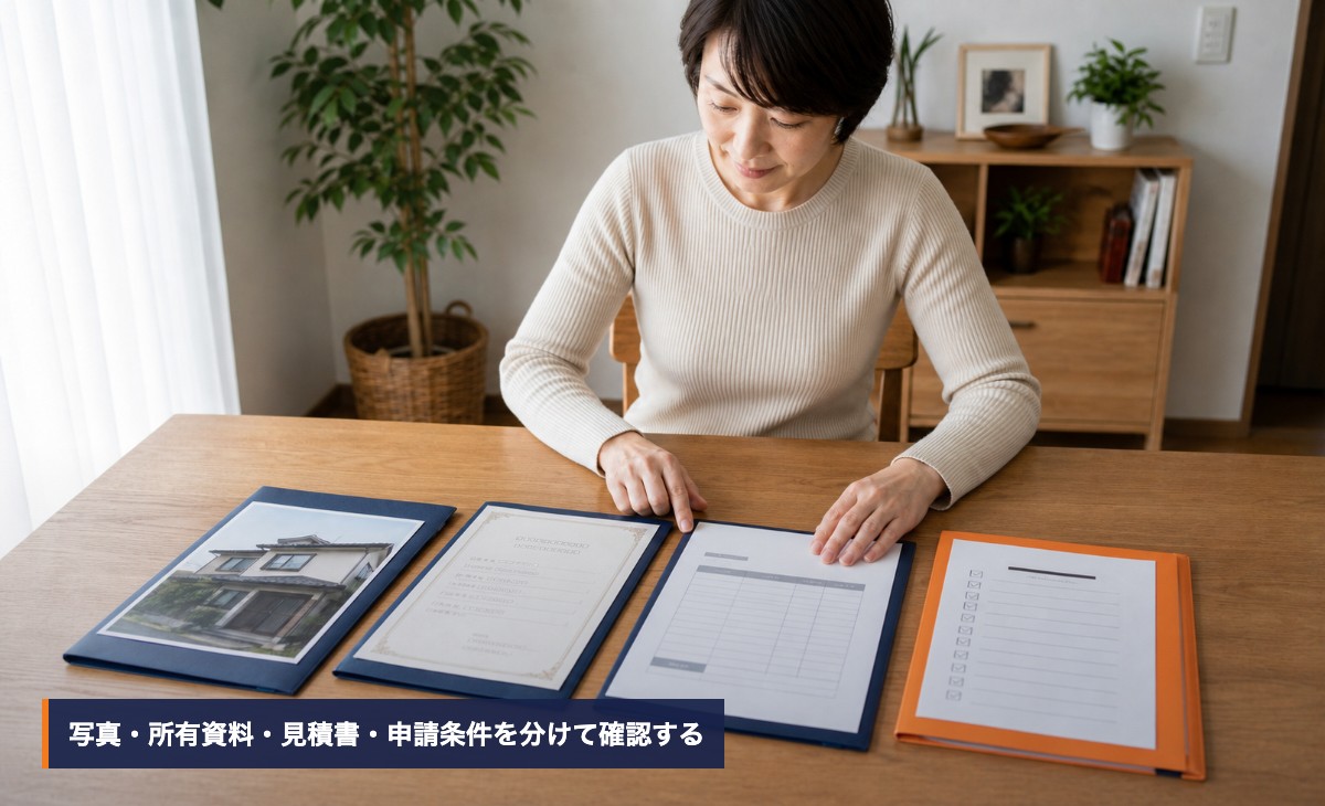 空き家の解体補助金について、本人が見積書と必要書類を自分の向きで確認する様子