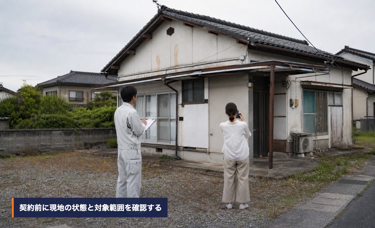 空き家の外観を確認して解体補助金の事前相談をする様子