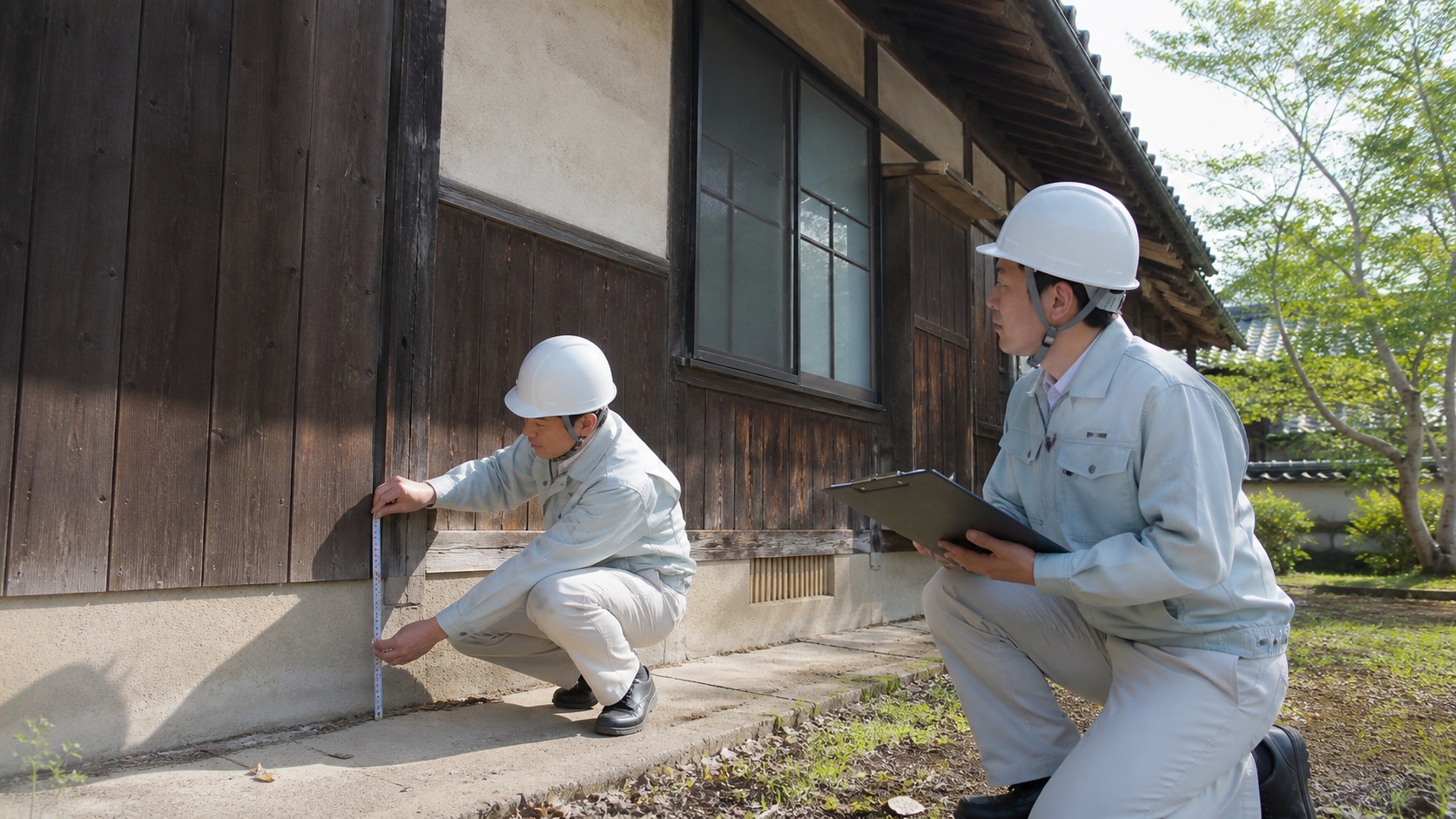 旧耐震の戸建木造住宅を専門家が外観調査する場面