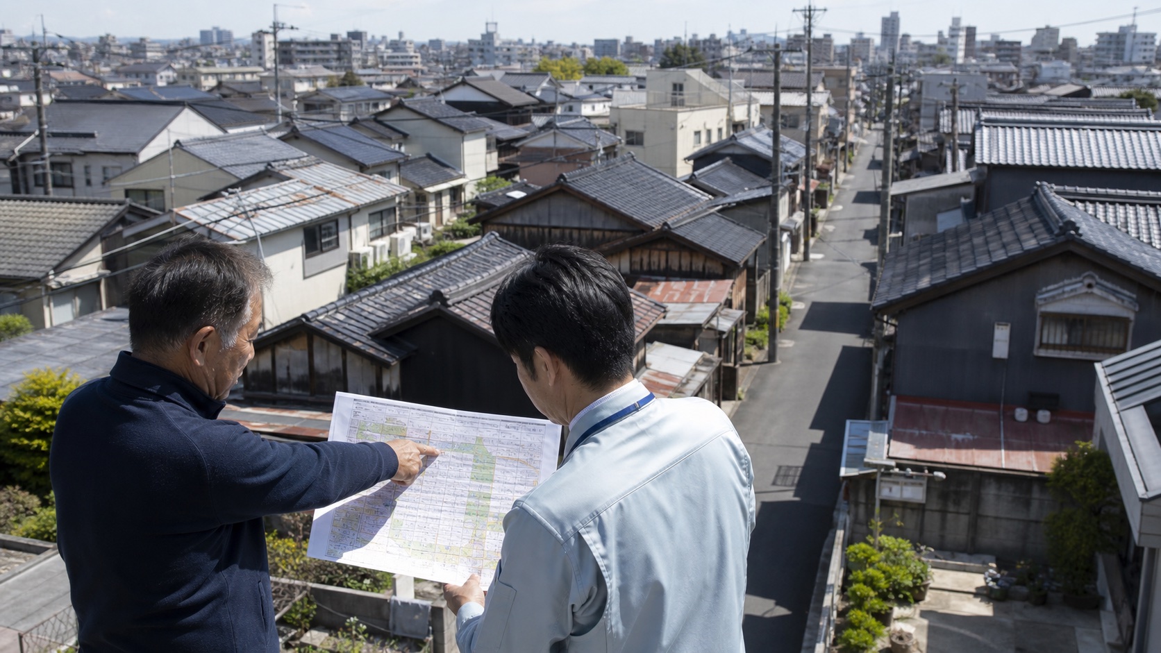 木造住宅が密集する名古屋市の住宅地を確認する所有者と担当者