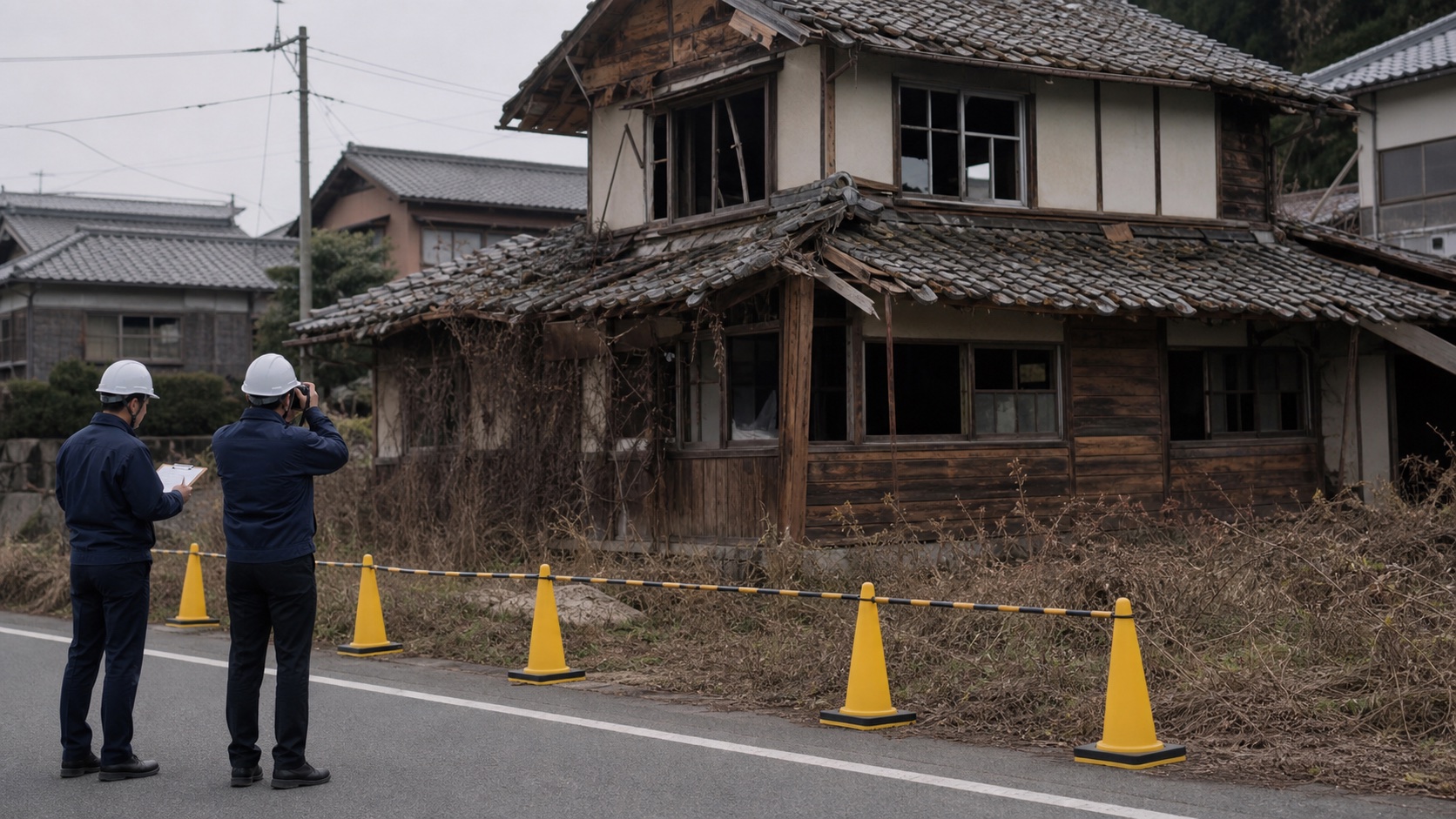 損傷した危険空き家を道路側から安全に現地確認する市職員のイメージ