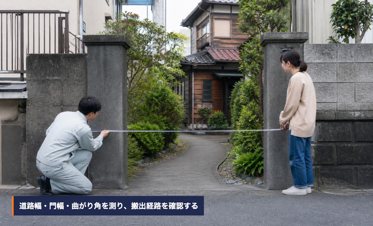 道路幅と門幅を測り搬出経路を確認する様子
