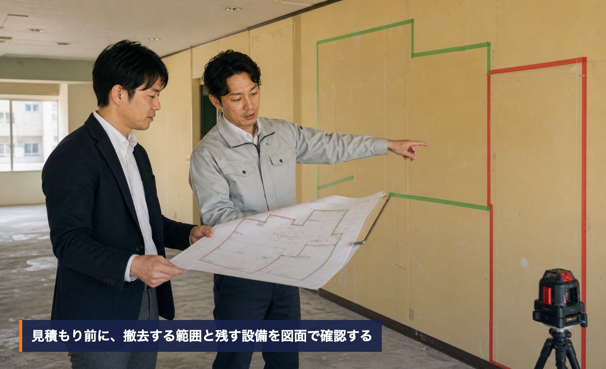内装解体の見積もり前に撤去範囲と残す設備を図面で確認する様子