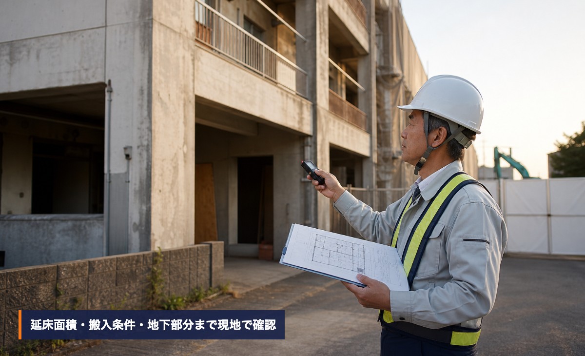 調査担当者がRC造建物の外壁と搬入条件を確認する様子