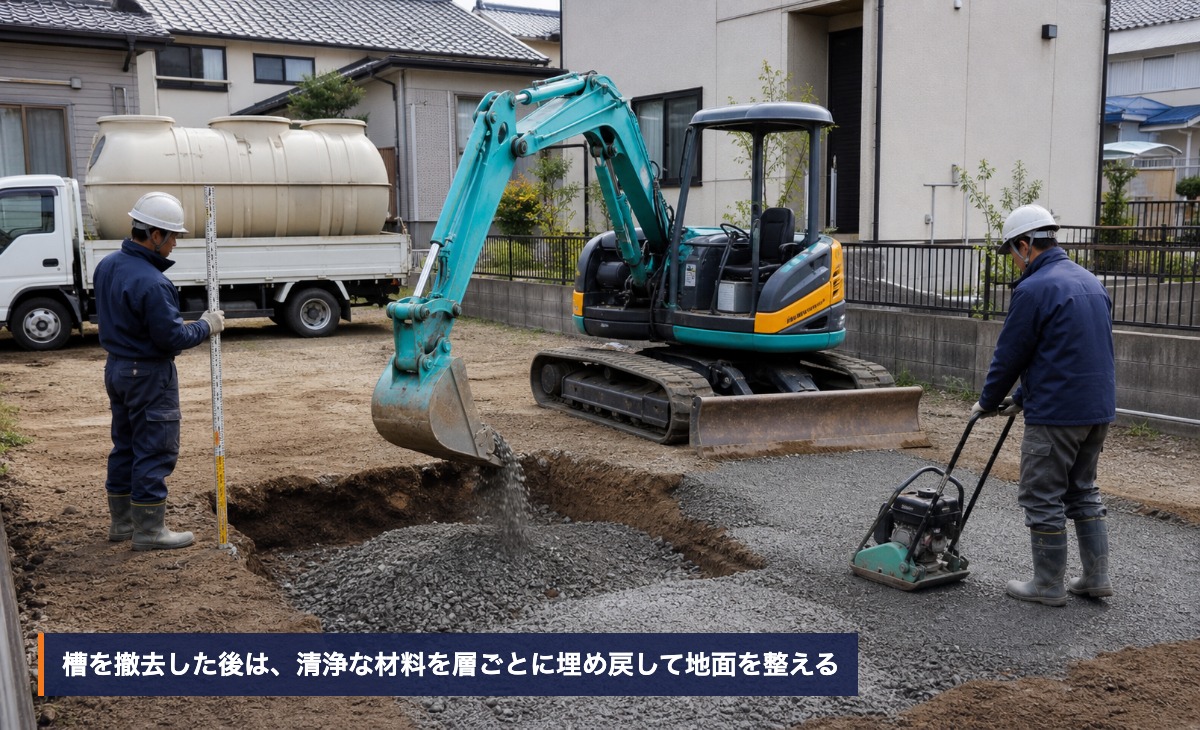 浄化槽を全撤去した後の穴に砕石を入れ、埋め戻しと転圧を行う作業イメージ