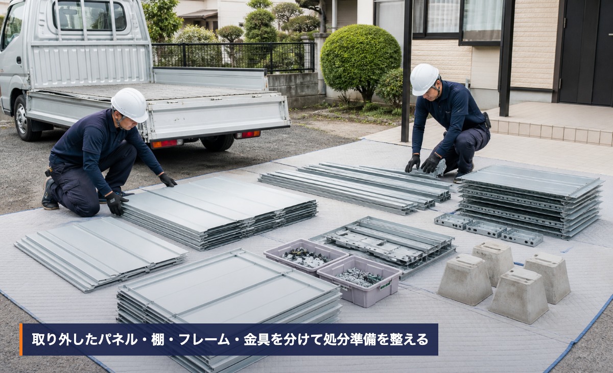 取り外した物置のパネル、棚、フレーム、金具を地上で種類別に整理する作業イメージ