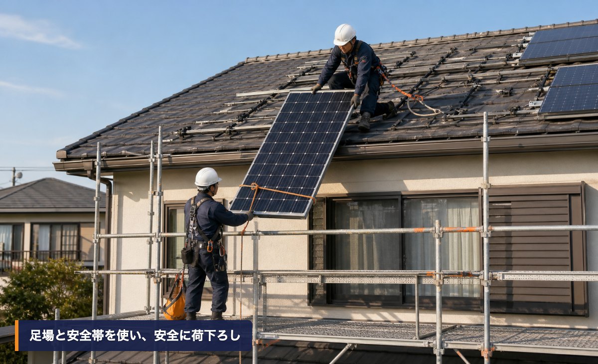 足場と安全帯を使用して住宅屋根から太陽光パネルを荷下ろしする作業イメージ
