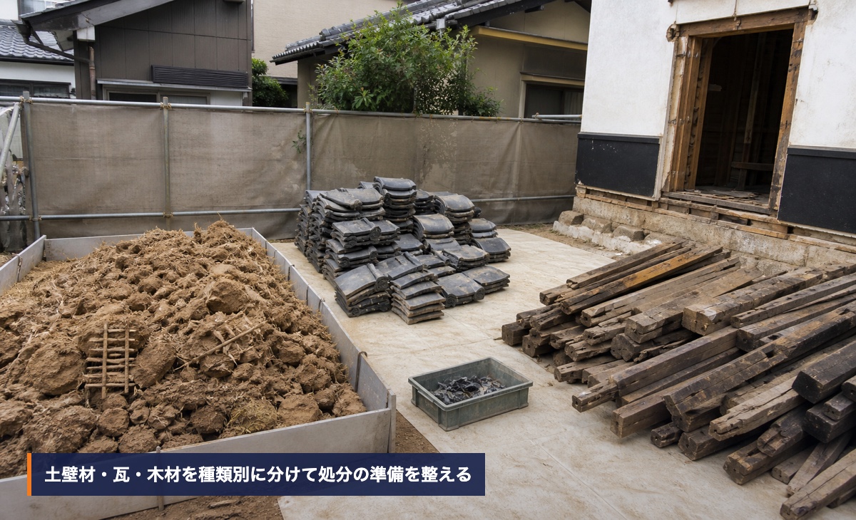 解体で発生した土壁材・瓦・木材を種類別に分別集積している作業イメージ