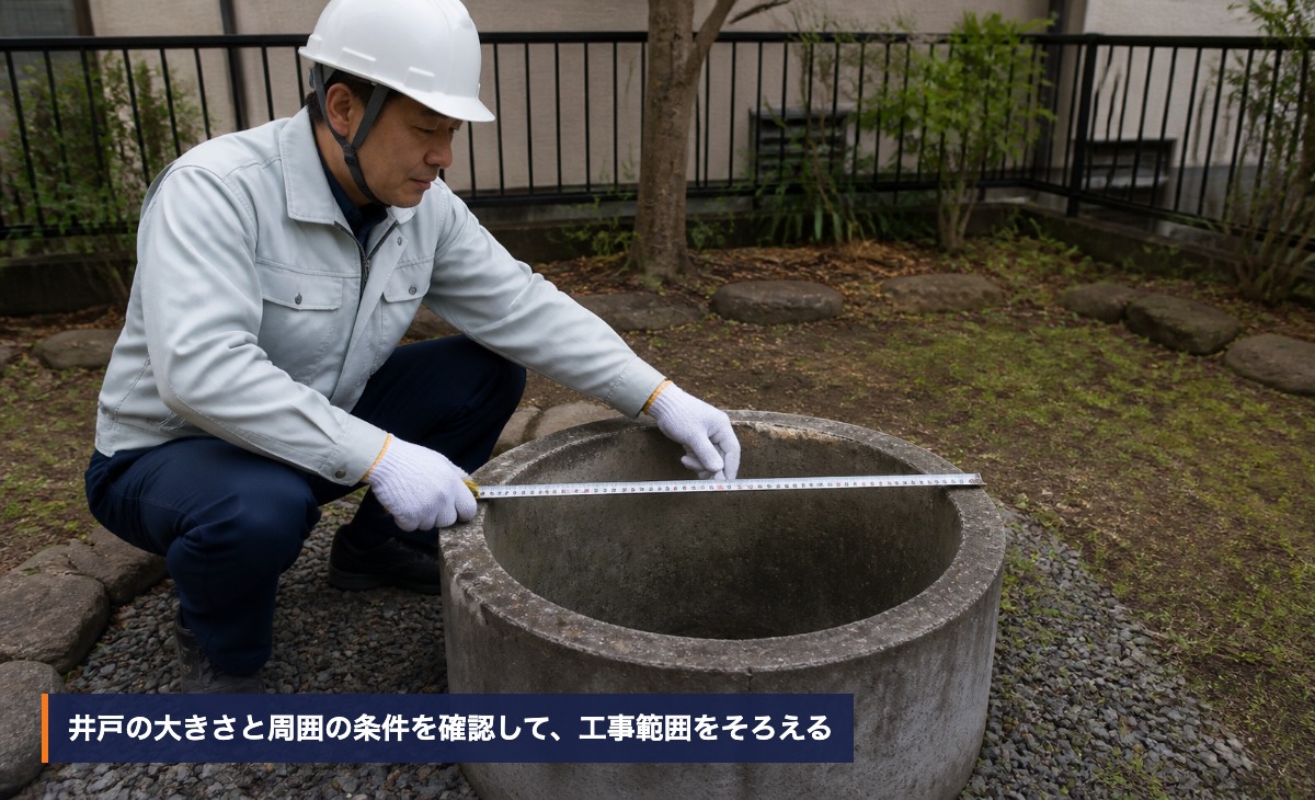 施工者が古井戸の直径を測り、周囲の施工条件を確認する様子