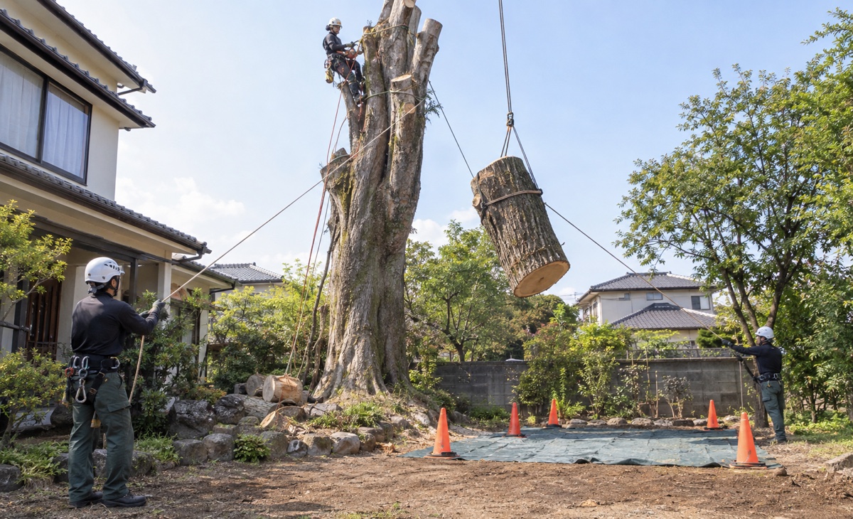 高いケヤキの幹区間をロープで管理し地上班と連携して下ろす分割伐採