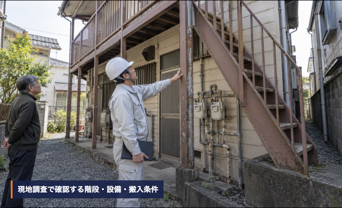 木造アパートの外階段とガスメーター、狭い通路を現地確認する調査員と所有者