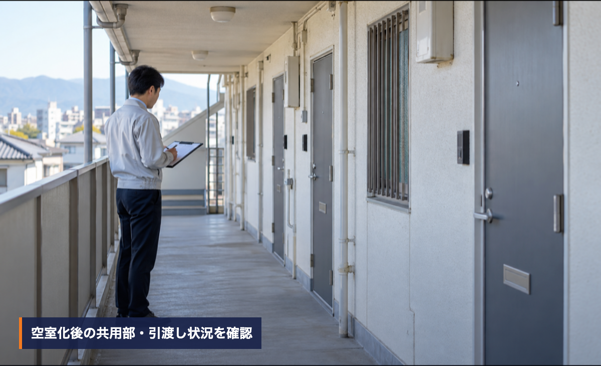 空室化後のアパート共用廊下で引渡し状況を確認する管理担当者