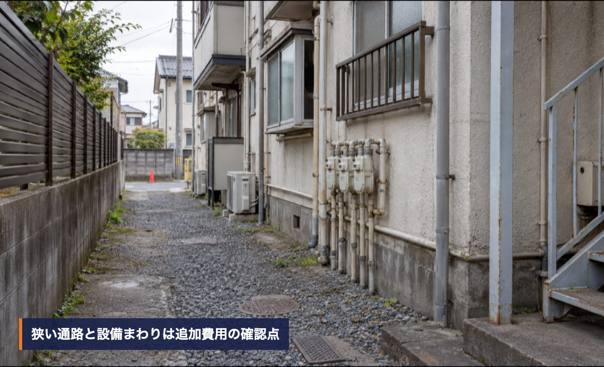 アパート脇の狭い通路、ガスメーター、室外機を確認する現地調査の視点