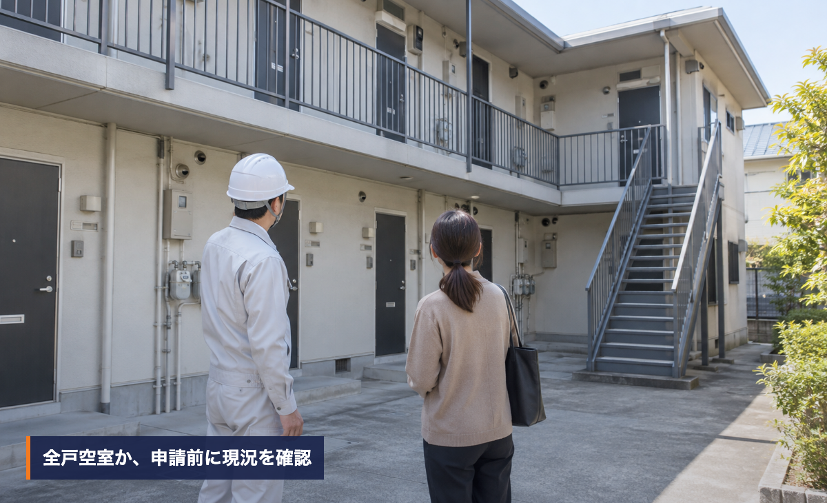 全戸空室の共同住宅外観と共用廊下を確認する所有者と調査担当者