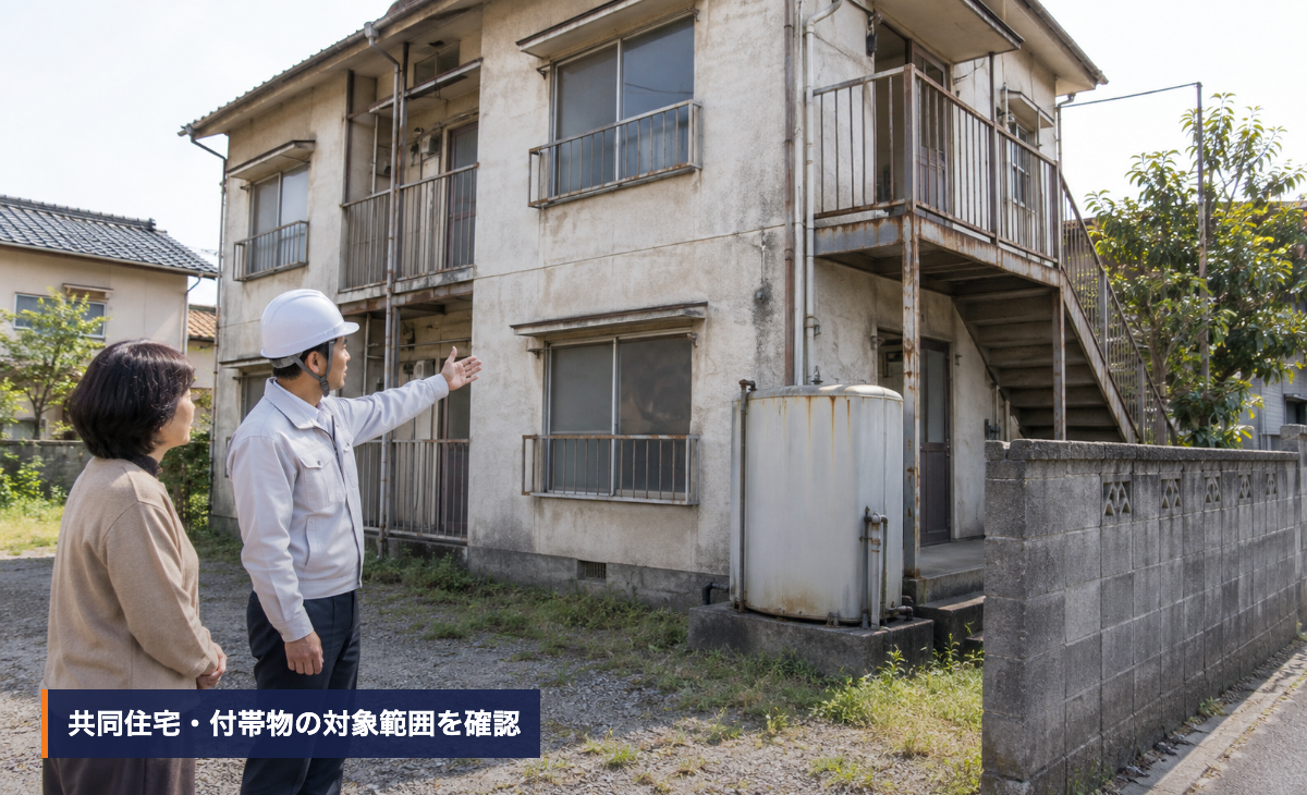 共同住宅の外階段と設備を見ながら見積範囲を確認する解体担当者