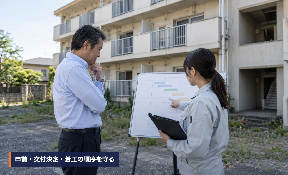 解体前の共同住宅で申請日程と工事範囲を確認する所有者と担当者