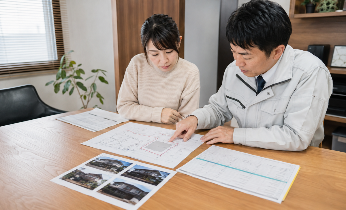 施主と解体業者が見積書と配置図を照合している様子