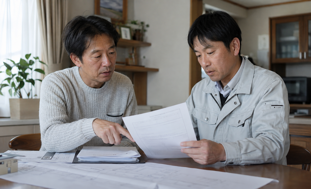 施主と解体業者が見積書の会社名と建設業許可資料を照合する様子