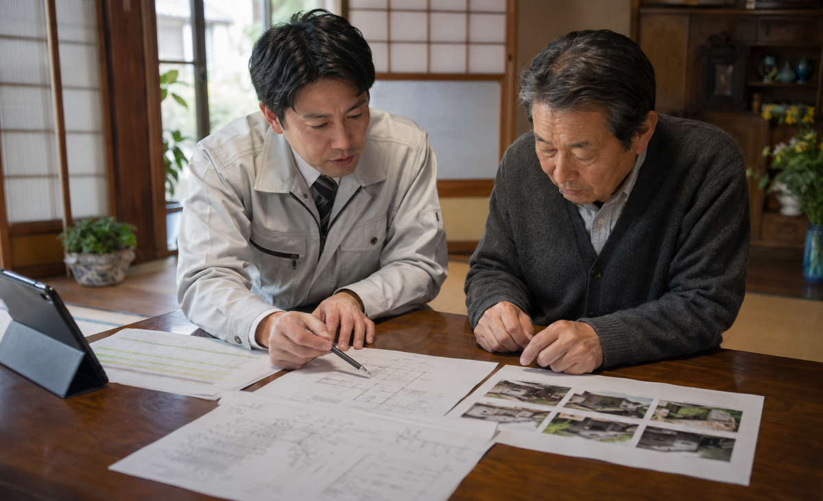 施主と担当者が解体見積書と撤去範囲図を確認する様子