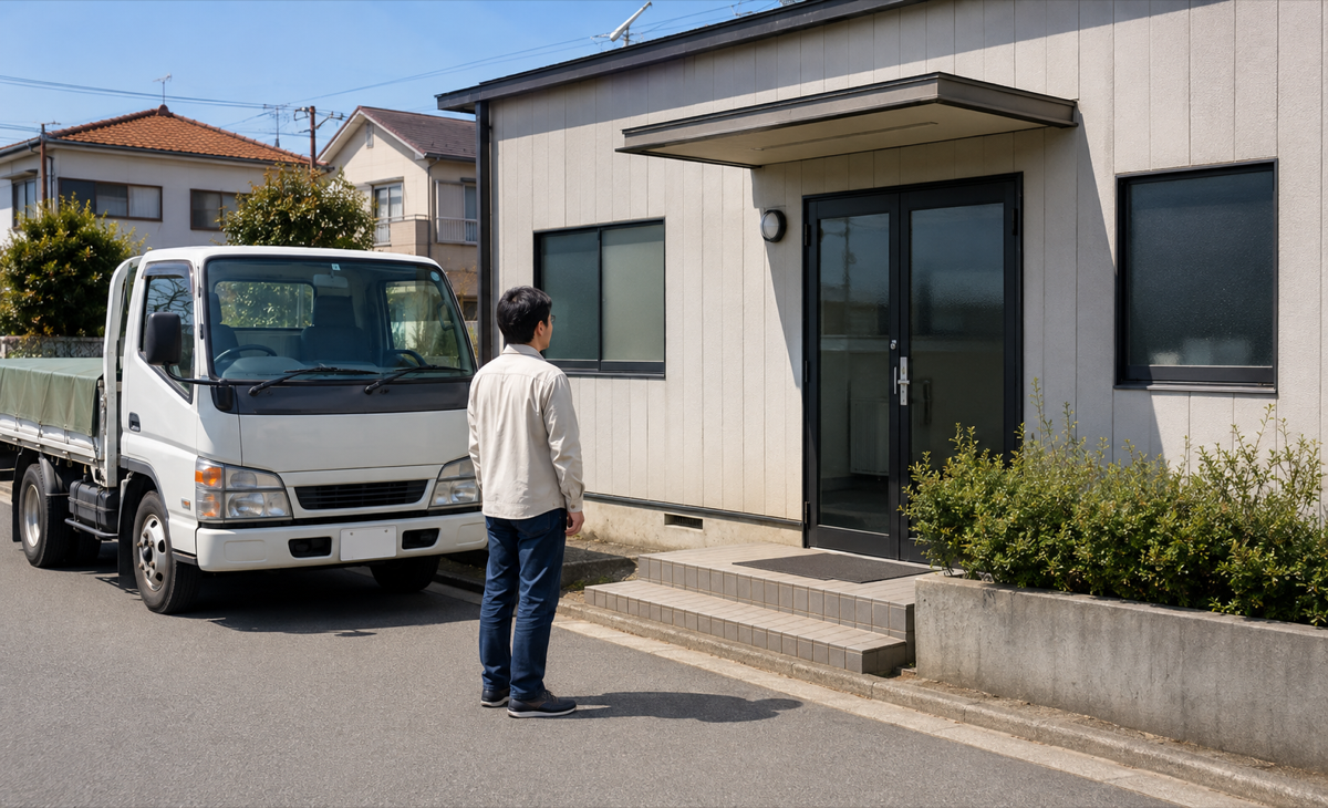 施主が解体業者の事務所入口と無標識の作業車両を確認している様子