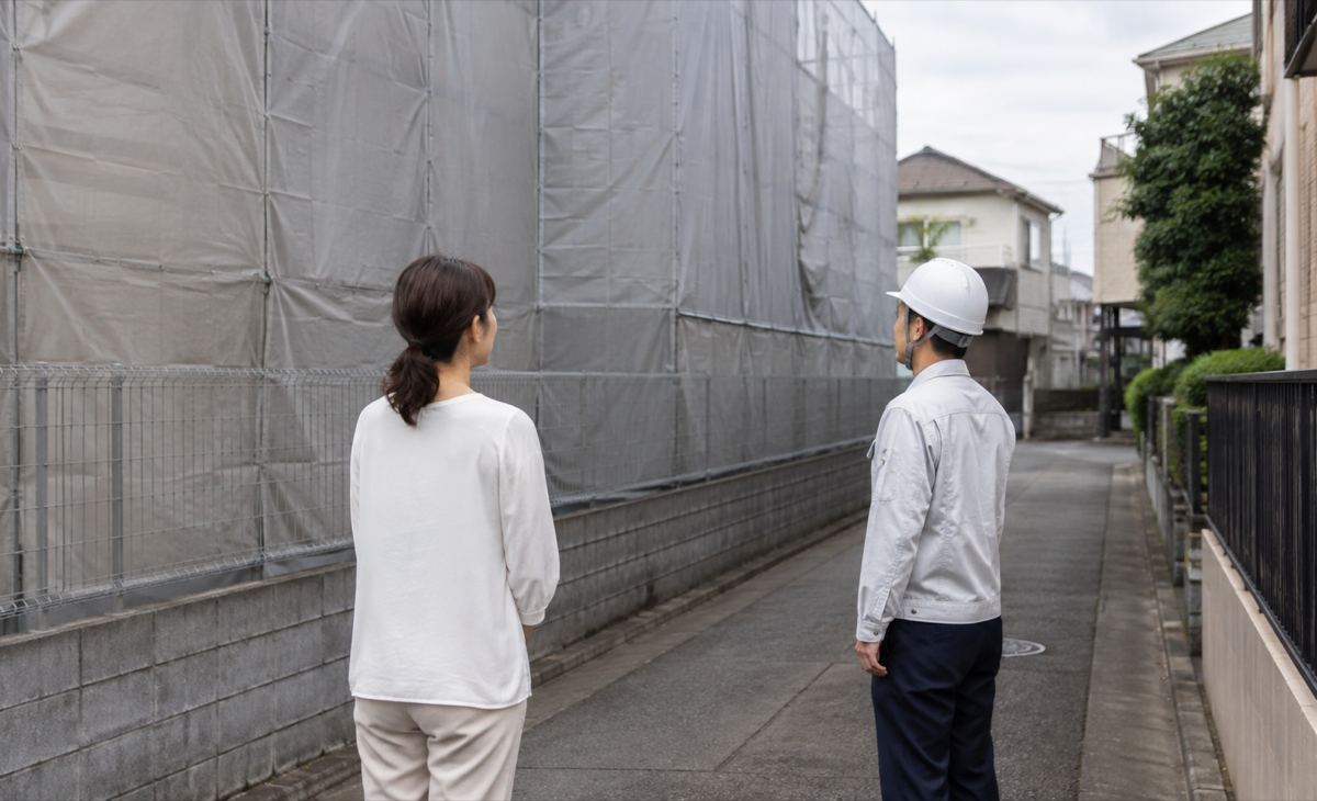 住宅地の狭い通路で施主と担当者が養生された工事境界を確認している様子