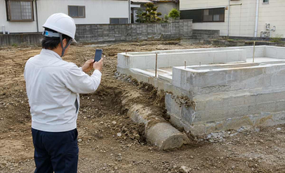 担当者が露出した基礎脇の地中配管をスマートフォンで記録している様子
