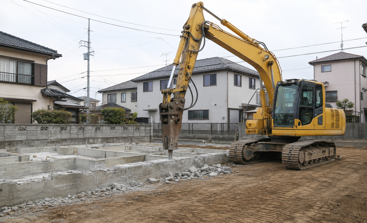 油圧ブレーカを装着した油圧ショベルが露出したコンクリート基礎を撤去している様子
