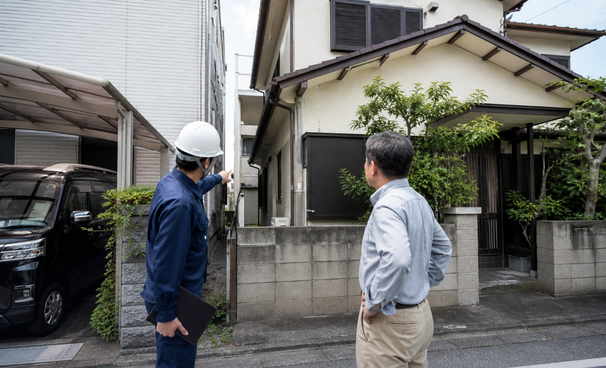 住宅密集地で解体業者の担当者と施主が隣家との距離と搬出経路を確認している様子