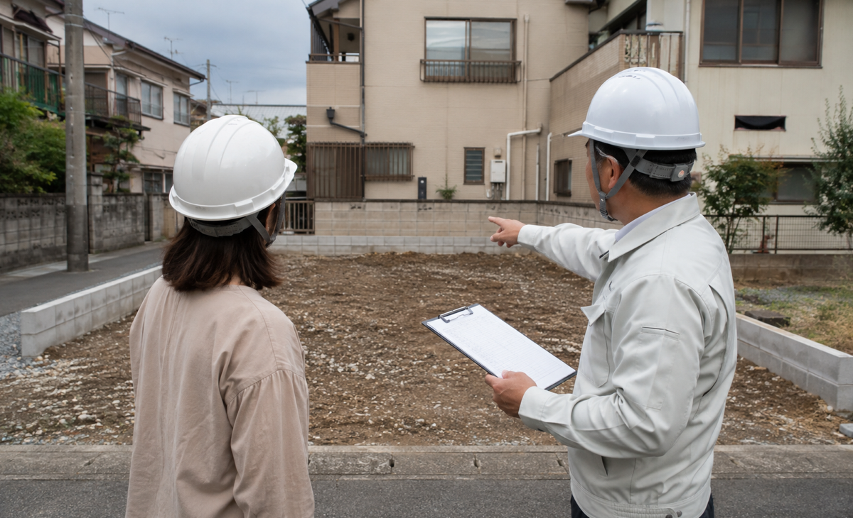 解体後の整地された敷地を施主と担当者が確認する様子