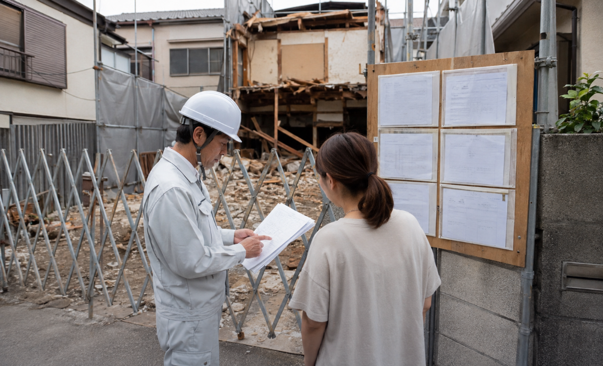 解体現場入口で施主と担当者が許可資料と掲示を確認する様子