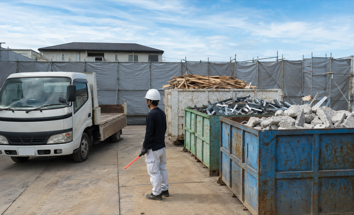 解体現場で木材、金属、コンクリートを別の容器へ分別し、搬出前に確認している様子