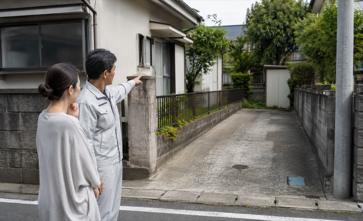 施主と担当者が空き家の外構、物置、境界を見ながら工事範囲を確認している様子